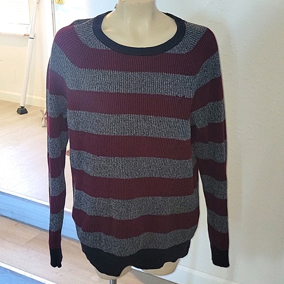 AMERICAN EAGLE AEO Striped Crew Neck Sweater Burgundy‎ Gray Knitwear Pullover L - Picture 3 of 7
